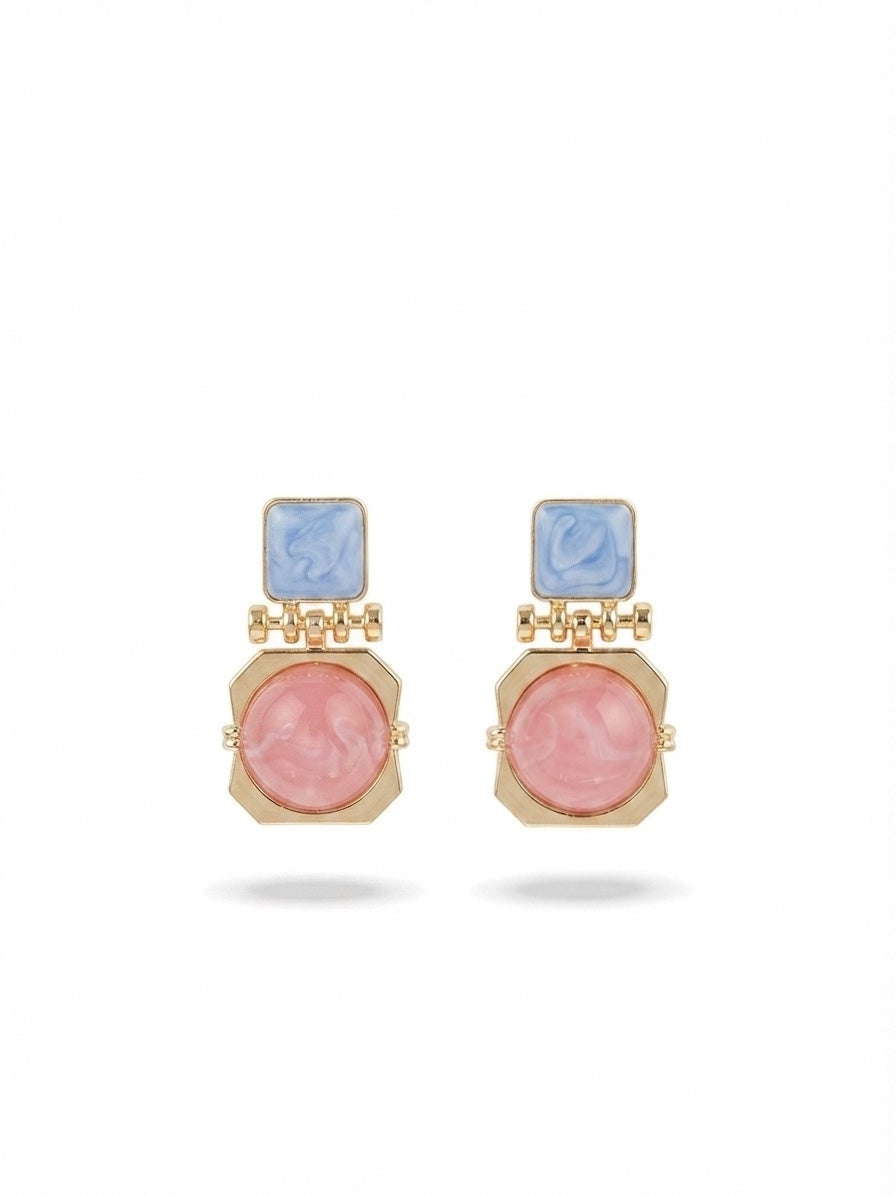 Chique Stalen Oorbellen - Geometrisch Design met Blauw en Roze