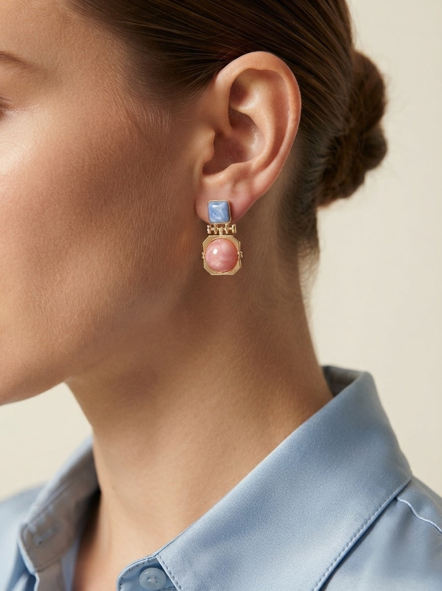 Chique Stalen Oorbellen - Geometrisch Design met Blauw en Roze