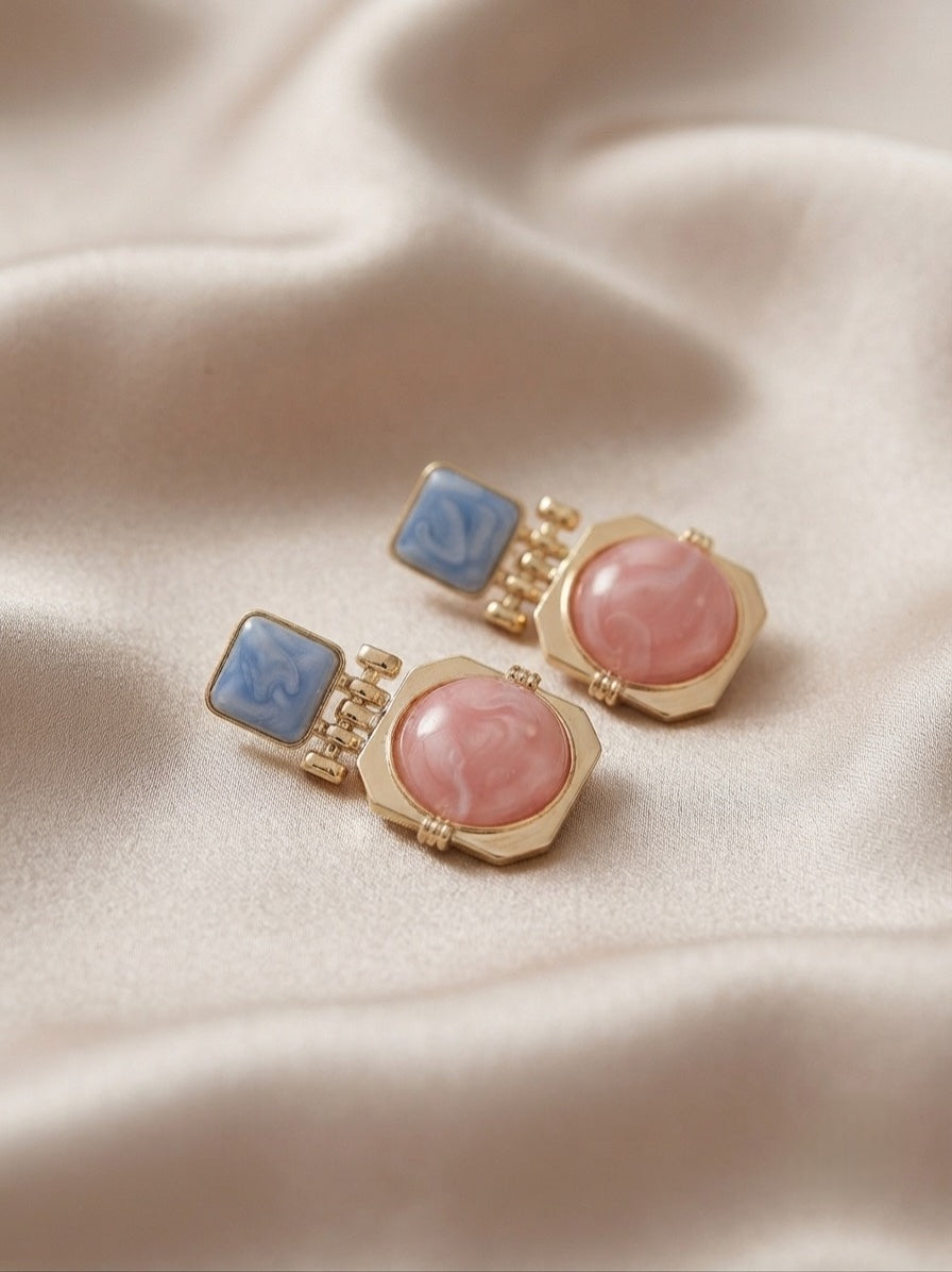 Chique Stalen Oorbellen - Geometrisch Design met Blauw en Roze