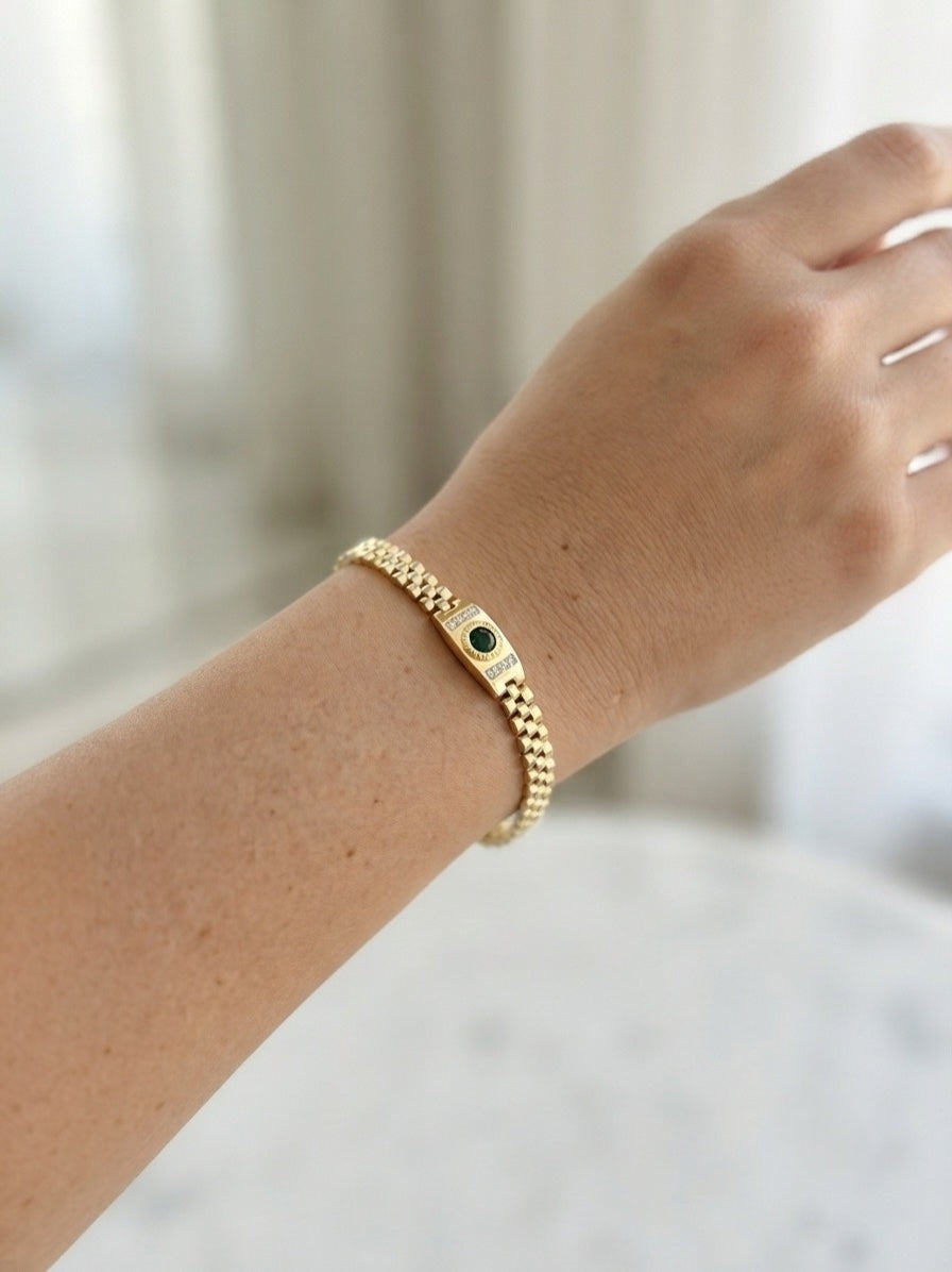 Luxe 18K Gold Plated Schakelarmband met Donkergroene Edelsteen en Diamanten