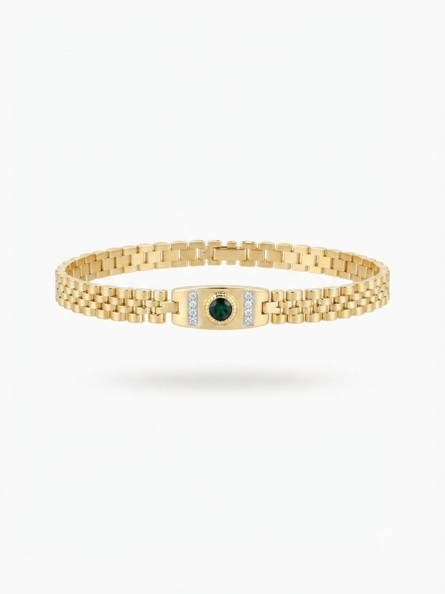 Luxe 18K Gold Plated Schakelarmband met Donkergroene Edelsteen en Diamanten